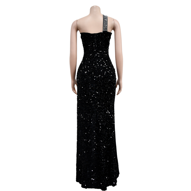 Damenbekleidung Einfarbig Hot Diamond Pailletten Ärmelloses Kleid mit langem Rock_voghion.com