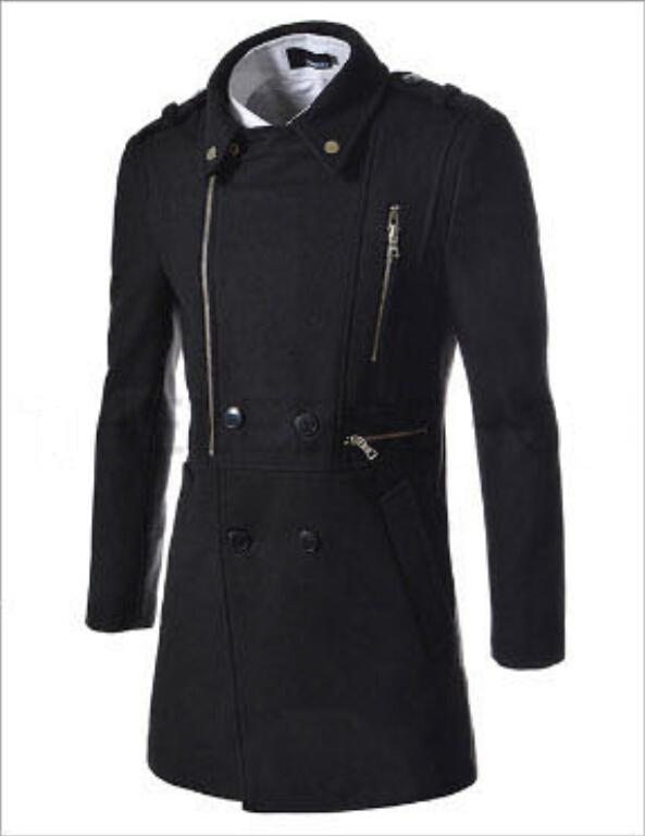 Winter neuer mittellanger, schmal geschnittener Windbreaker-Wollmantel für Herren im koreanischen Stil mit mehreren Reißverschlüssen_voghion.com