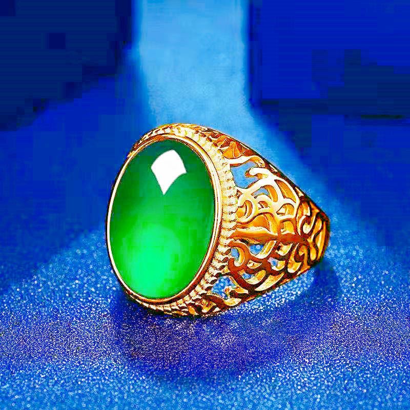 Copper Plated White Gold Ring For Men, Adjustable Opening, Green Chalcedony Black Agate Ring, Men's_voghion.com