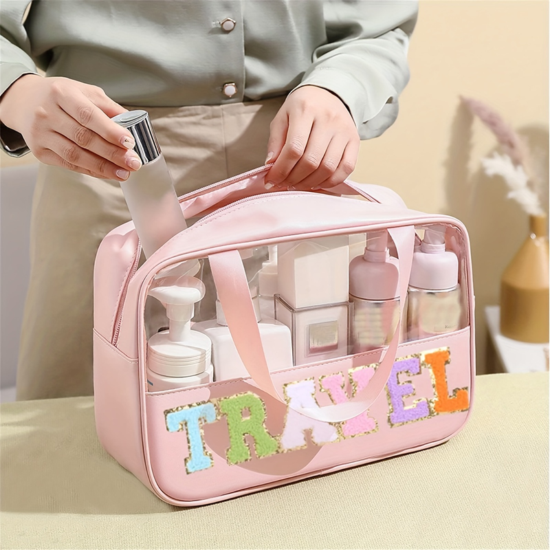Transparent Letter Pattern Makeup Bag With Handle, Lightweight Portable Waterproof Travel Essentials Large Capacity Cosmetic Bag Zipper Pouch_voghion.com