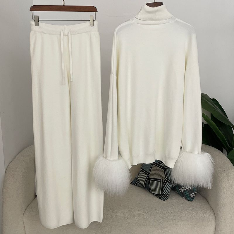 Ensemble en tricot avec poignets en fourrure de renard pour femme – Pull ample à col montant et pantalon large pour l'automne/hiver_voghion.com