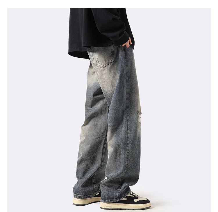 Amerikaanse Vintage Straight Loose Washed Denim Jeans Voor Heren, Herfst En Winter Ins Trendy High Street Broeken, Casual Wijde_voghion.com