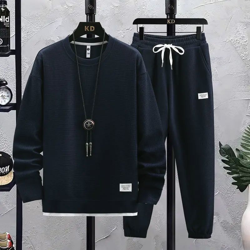 Conjunto deportivo de punto gofrado para hombre: dos piezas transpirables para estar en casa y para la calle (M-5XL, 95 % poliéster, antibolitas, estilo "Run to Campus Core")_voghion.com