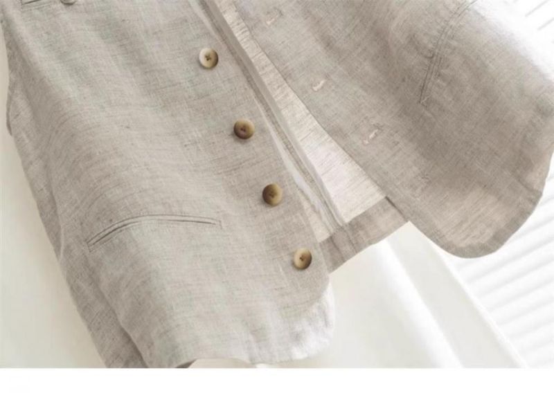 Veste blazer sans manches en lin à col en V, style britannique vintage artistique, pour femme, collection été 2024._voghion.com