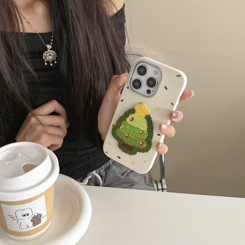 Leather Texture Embroidered Christmas Tree Case For IPhone 16 Pro Max, 15, 14, Autumn And Winter_voghion.com