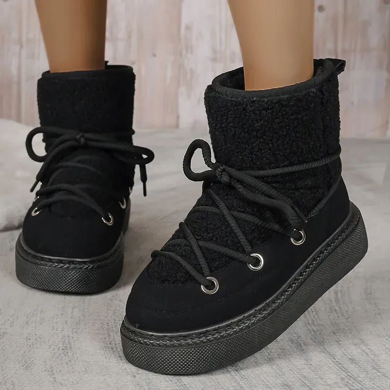 Scarpe da sci invernali da donna in pelle scamosciata con lacci, calde e imbottite, per il tempo libero, in lana sintetica, con plateau, 2024_voghion.com