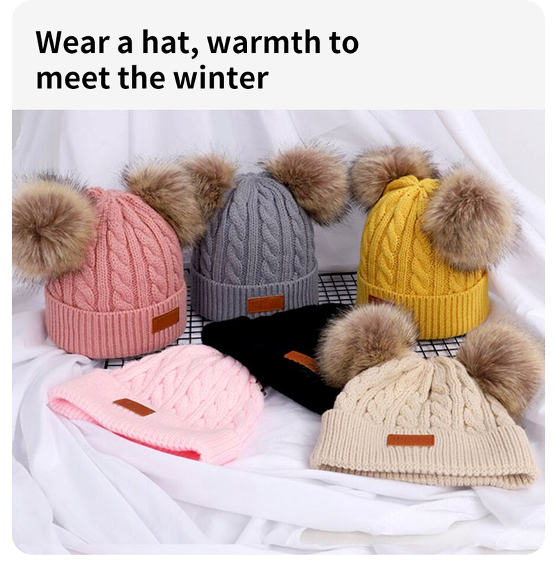 Bonito gorro de lana doble con pompón para bebé, gorro cálido para niños, gorros de otoño e invierno para niños y niñas, gorros tejidos más cálidos_voghion.com