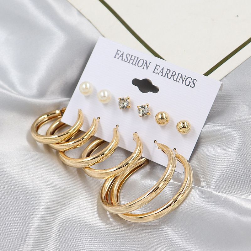 Cross-Border Hot Selling European And American Metal C-Shaped Large Hoop Simple Rhinestone Pearl Stud Women's Set_voghion.com