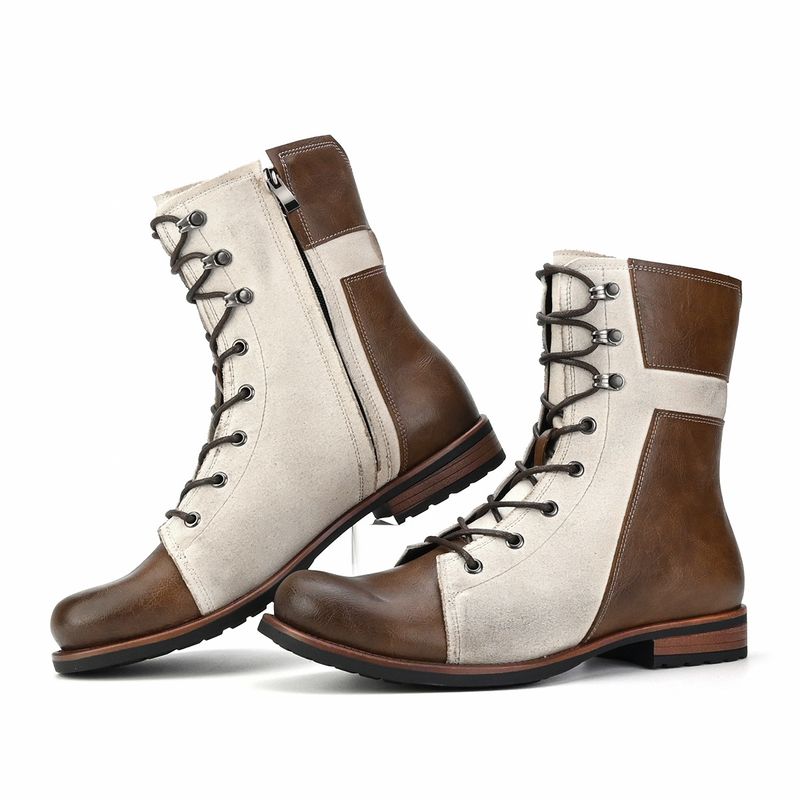 Men's Vintage Two-Tone Ankle Boots | British Style Side Zipper & Lace-Up Combat Chelsea Boots_voghion.com