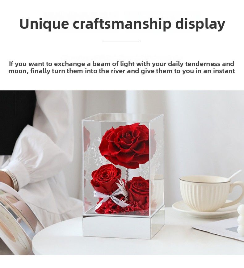 Scatola regalo in acrilico con fiori stabilizzati - Rose vere fatte a mano + coperchio trasparente, design a tema principesco, regalo per San Valentino/Qixi/compleanno/anniversario_voghion.com