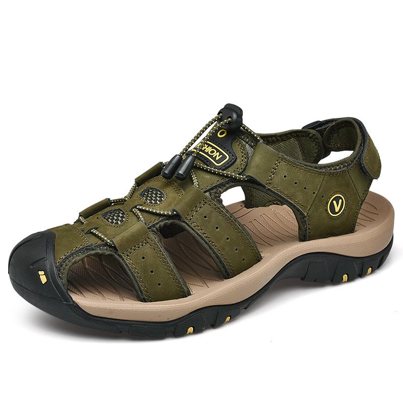 7239 Sandali da spiaggia da uomo estivi, grandi, con fascia in velcro, strato superiore in vera pelle, superficie in pelle di mucca._voghion.com