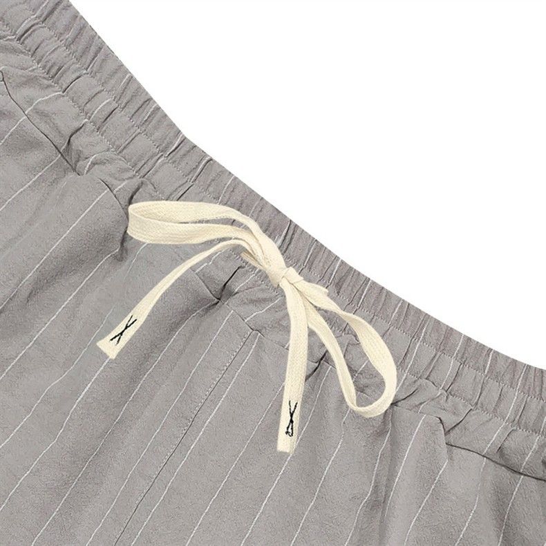 Vêtements pour hommes, costume d'été en lin pour hommes, chemise ample à manches courtes à rayures, short de plage, costume deux pièces_voghion.com