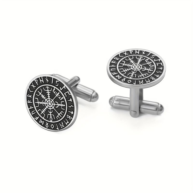Viking Runes Mythical Norse Vegvisir Cufflinks Stainless Steel Viking Compass Cuff Links Classic Engraved Viking Jewelry For Men Wedding Groom Gifts_voghion.com