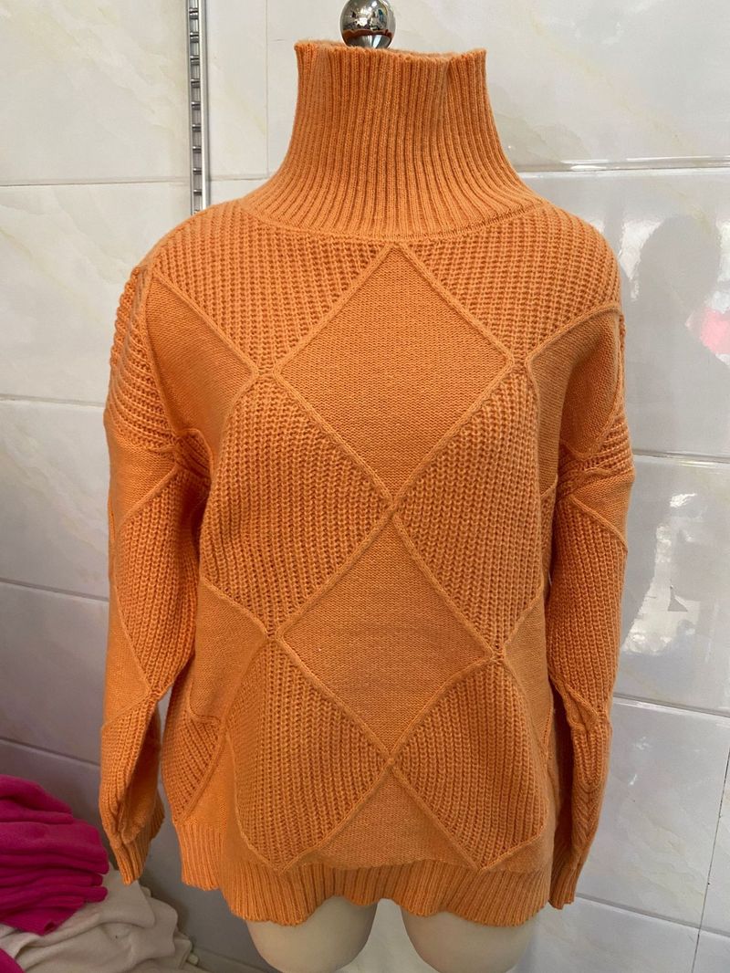 Cesur Geometrik Örgü Kazak - 3D Jakarlı Büyük Boy Yüksek Yaka Kazak (S-XL, Akrilik-Naylon Karışımı, Dondurma Renk Paleti)_voghion.com