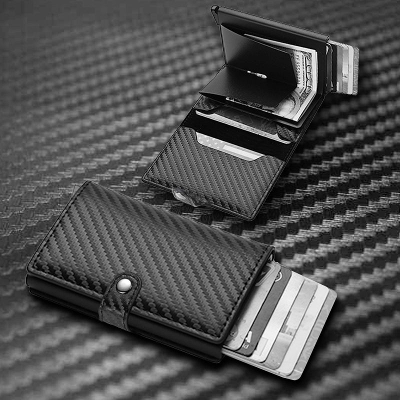 Ny RFID Anti-tyveri sveipekortveske Karbonfiber Aluminiumlegering Kredittkort Metallkortveske Herre lommebok med elastisk kort Flere kortposisjoner_voghion.com