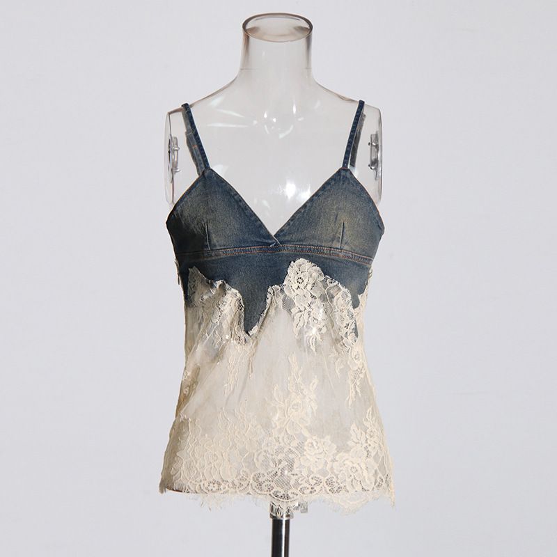 Damenbekleidung Mode sexy Hot Girl Style Sommer neue Spitze Spleißen Hosenträger Top + Kordelzug Denim Mode Shorts_voghion.com