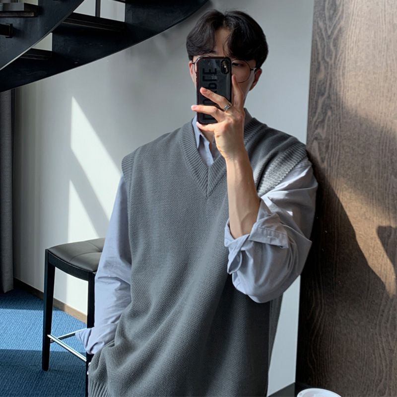 Ärmelloser Pullover Herren im koreanischen Stil, trendige, vielseitige, einfarbige Strickwestenjacke_voghion.com