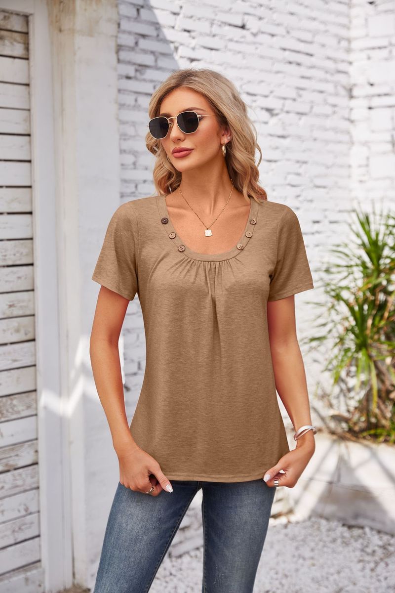 Women's fashion new button square collar pleated solid color loose T-shirt_voghion.com