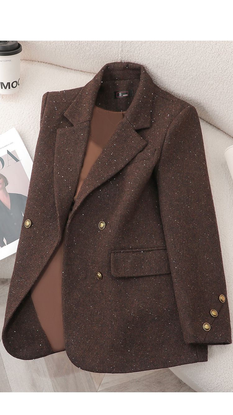 Blazer da donna in tweed misto lana per autunno inverno - Giacca da ufficio doppiopetto slim fit con revers a lancia (nero, marrone, rosso, grigio)_voghion.com