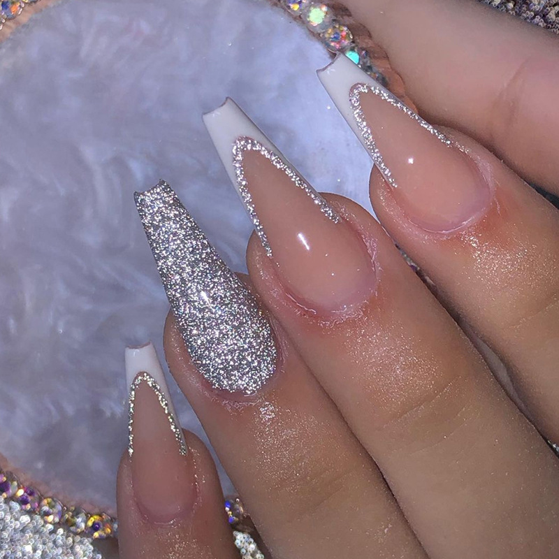 Simple 24Pcs Ballet Fake Nail Tips With Glue Long Coffin French False N Artifical Wearable Press On N Finished_voghion.com