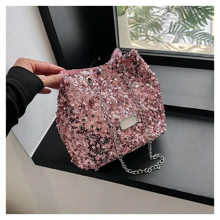 Borse a secchiello da donna con paillettes alla moda Borsa a tracolla a tracolla femminile Borsa a tracolla a catena Borsa a tracolla da donna Сумка_voghion.com