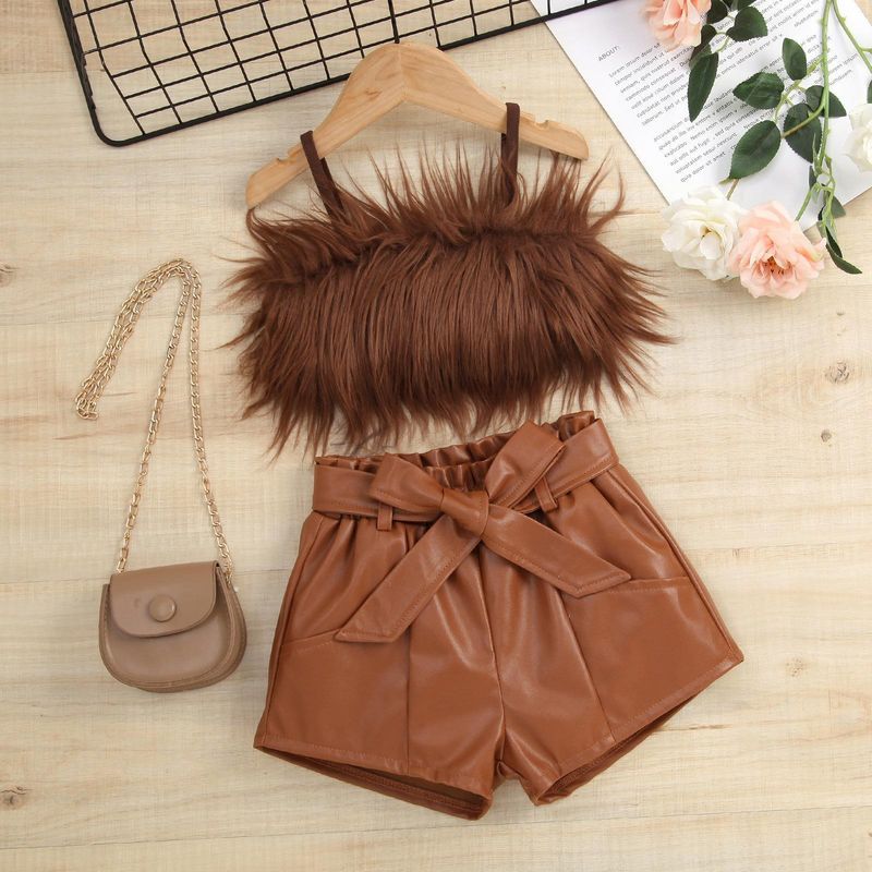 Mother & Kids Children's Clothing Popular Spring And Summer Fur Suspenders Solid Color Leather Shorts Suit With Belt_voghion.com