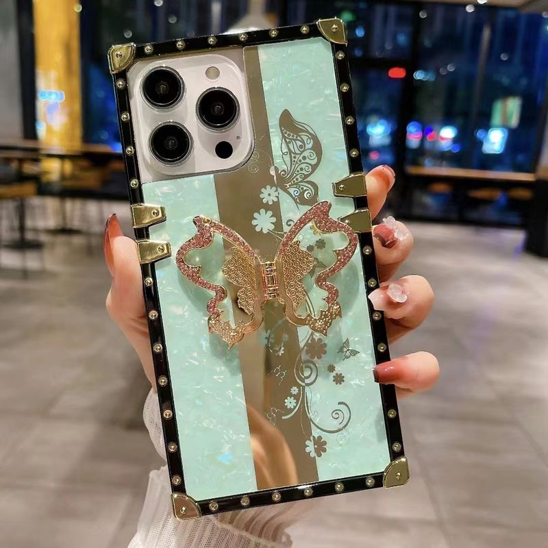 For Samsung S22 S23 S24 Plus Ultra FE A33 A53 A73 A25 A34 A54 Luxury Cute Square Butterfly Flower Diamond Ring Holder Phone Case_voghion.com