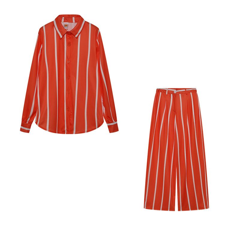 Elegantes, modisches, gestreiftes Zweiteiler-Set für Damen, langärmliges Hemdoberteil + Hose mit weitem Bein, passende Büro-Outfits_voghion.com