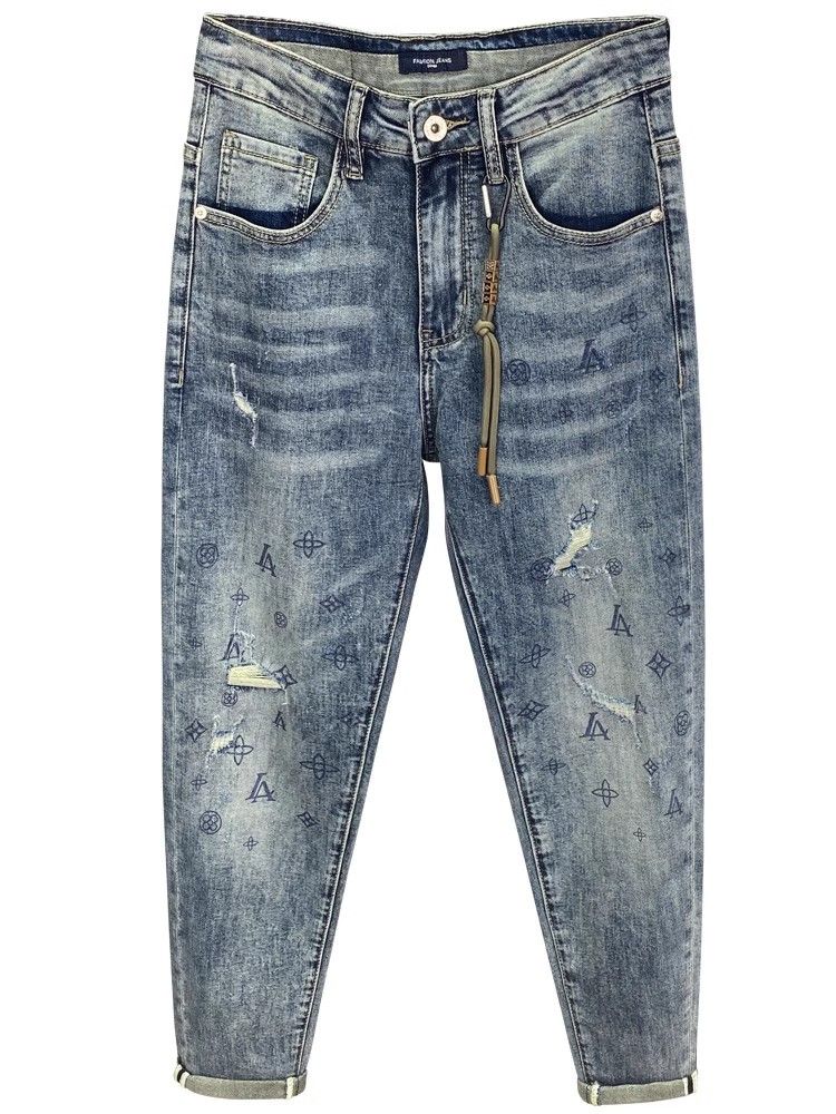 High-End Design Printed Jeans For Men, Thin Slim Fit, Skinny, Ripped With Patches, Nine-Point Pants_voghion.com