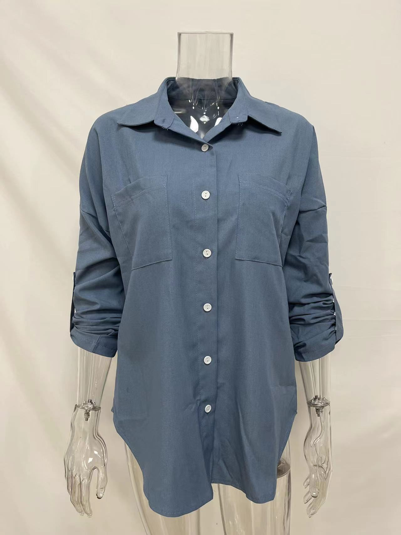 Camicia in denim da donna, camicia da cappotto casual all-match a maniche lunghe con doppia tasca ampia_voghion.com
