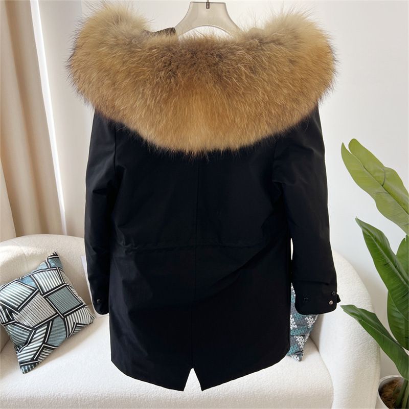 Damenbekleidung Abnehmbarer Parka aus Fuchspelz Mittellanger Kapuzenmantel_voghion.com