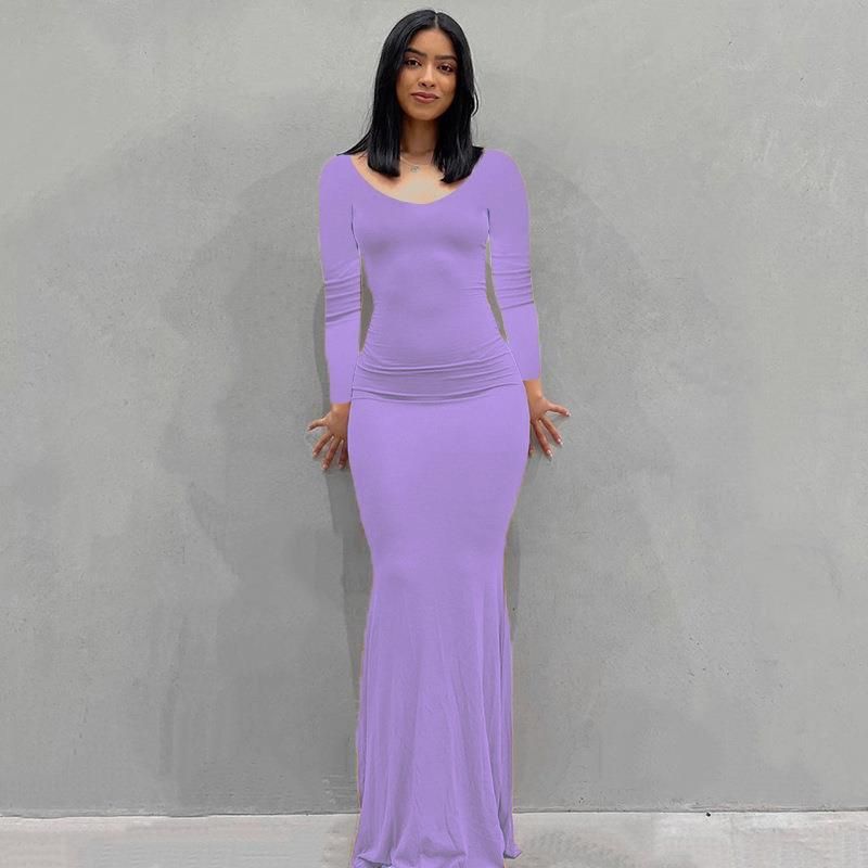 Damenbekleidung Langes Kleid Lässiges, schmales, langärmliges Heimkleid_voghion.com