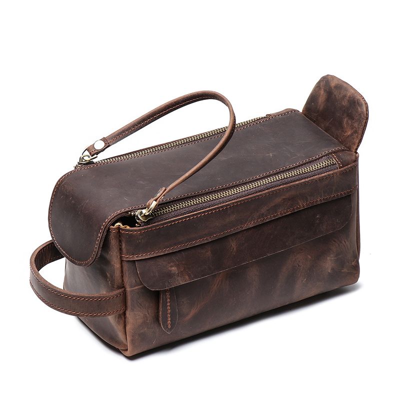 Retro multi-functional leather handbag for men's makeup bag, large capacity crazy horse skin toiletries storage bag_voghion.com
