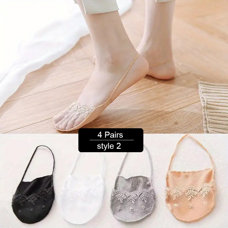 4 Pairs Summer Women Invisible Socks Cotton Shallow Mouth Socks Lace Boat Socks ,Women's Stockings & Hosiery_voghion.com