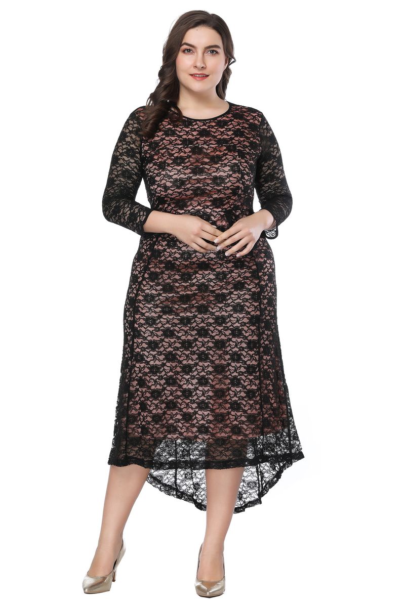 Abito da sera primaverile e autunnale, davanti, lungo dietro, vita alta, taglie forti, manica corta, abito in pizzo SQ0088, alla moda e_voghion.com