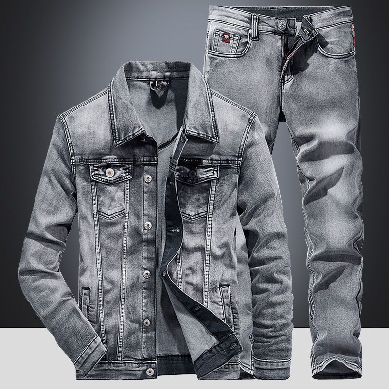 Ensemble deux pièces tendance pour homme, veste en jean et jean, tissu tricoté décontracté_voghion.com