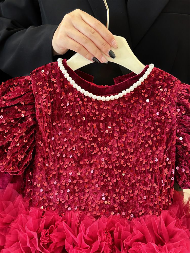 Abbigliamento per bambini Capodanno Natale Autunno e inverno Ragazze Gonna rossa con paillettes Abito di alta qualità Fiocco Fiore Ragazza Temperamento Tutu Gonna a ruota_voghion.com