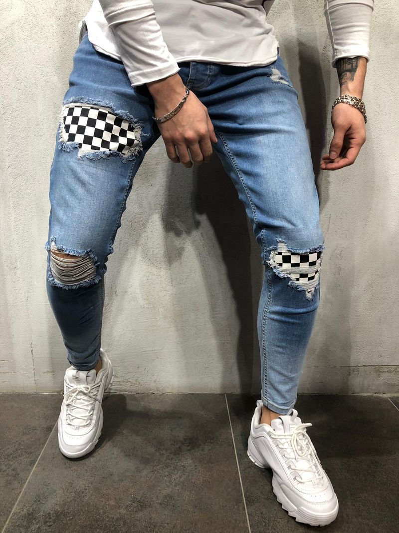 Herrenbekleidung Herren-Hip-Hop-Tight-Fit, zerrissene, kleine Beine, Herren-Badge-Slim-Jeans-Trend_voghion.com