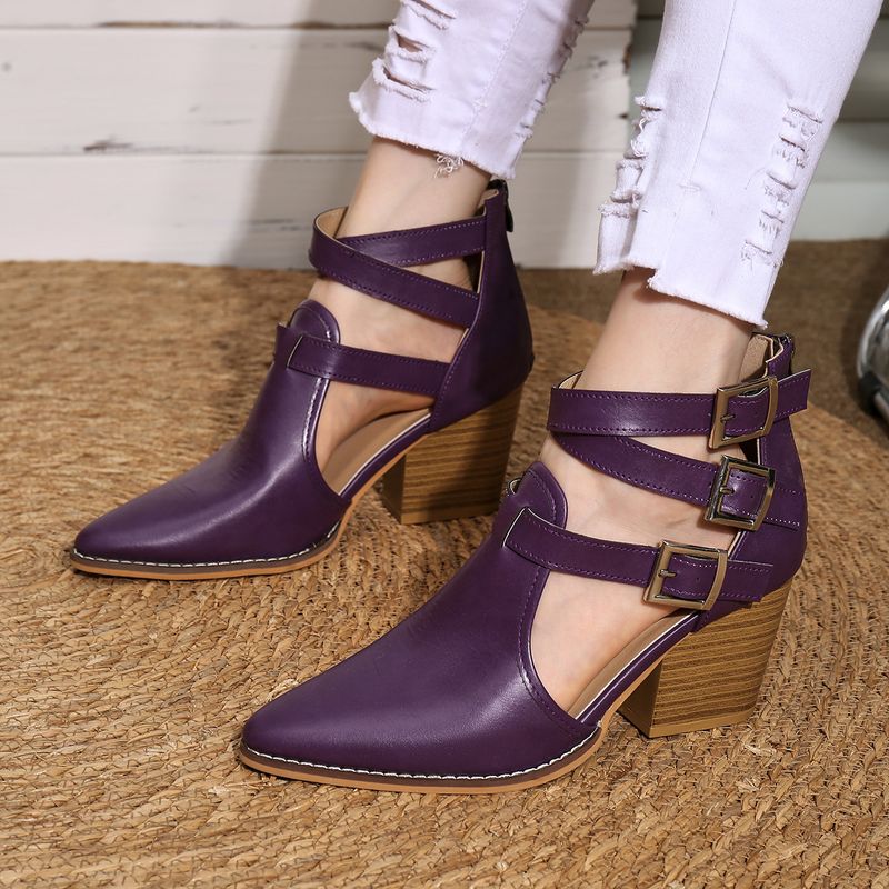 2024 Autumn Winter New High Chunky Heel Pointed Toe Belt Buckle Roman Sandals Women Leather Single Boots Plus Size_voghion.com