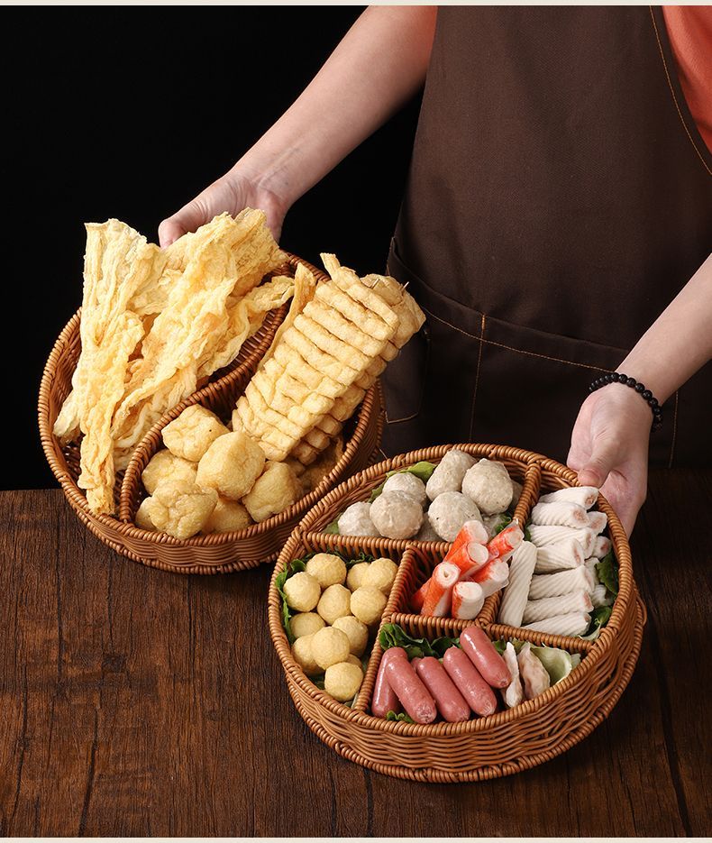 Chinese Textile Rattan Woven Platter, Hotpot, Vegetables, Mushrooms, Ingredients, Dividing Plate, Self-service_voghion.com
