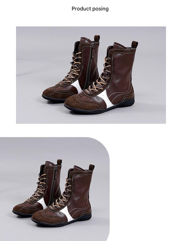 2025 Fall Dystopian Combat Boots, Two-Tone Mid-Calf Riding Boots, Height-Enhancing Women's Footwear_voghion.com
