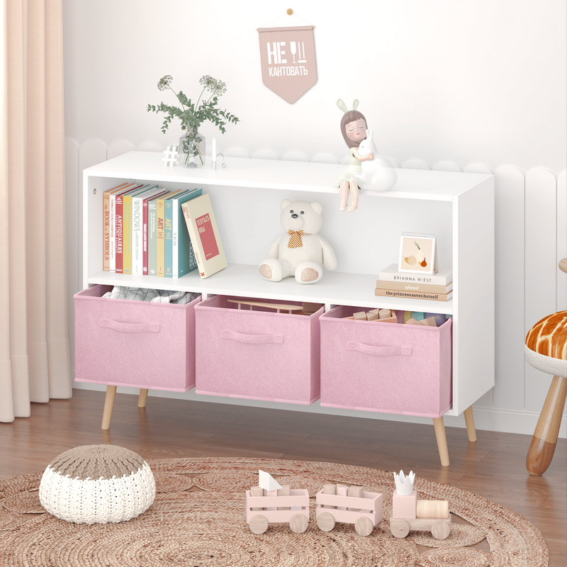Kids Bookcase With Collapsible Fabric Drawers, Children's Book Display, Toy Storage Cabinet Organizer, White/Pink_voghion.com