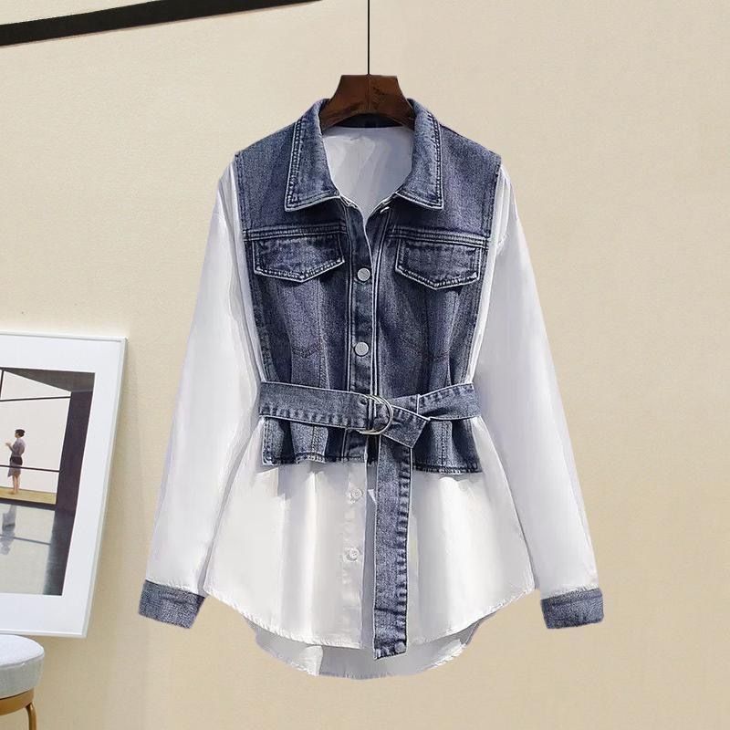 Un set completo di due pezzi, camicia e gonna in denim a vita alta, nuovo stile alla moda_voghion.com