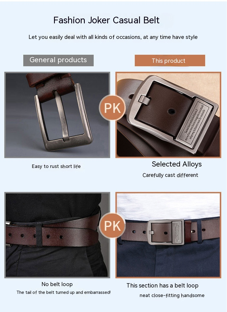 Nytt nålspänne i äkta läder Business Casual Kohud Herrtrend Enkel Medelålders och Unga Byxor Bälte Herr_voghion.com