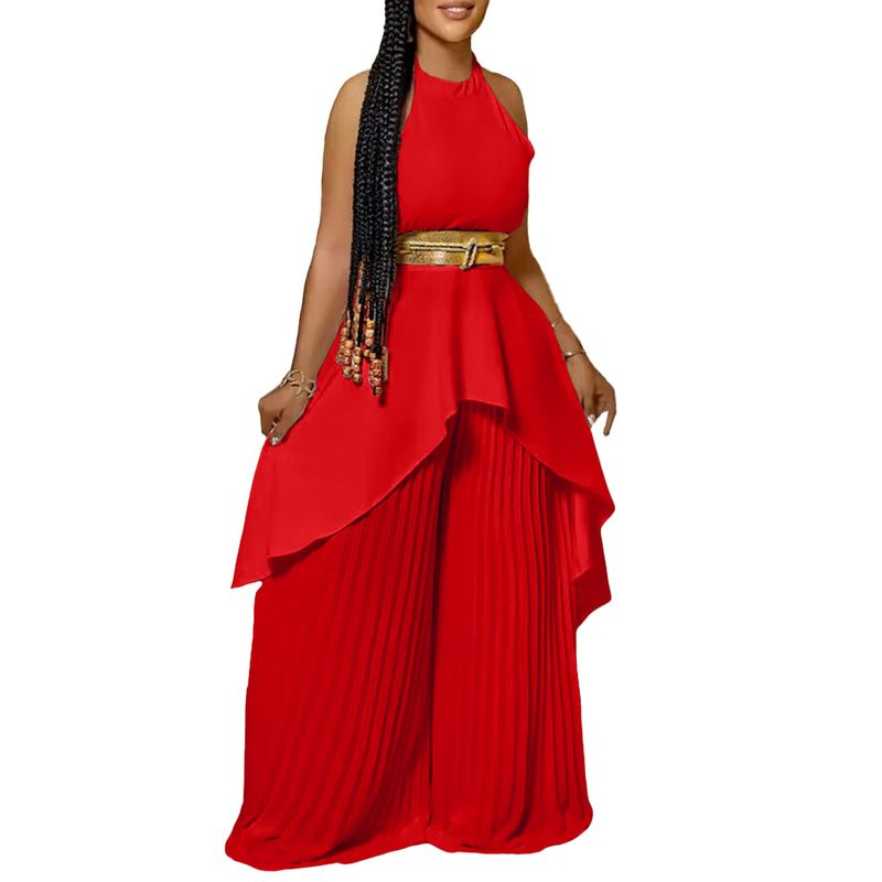 Damenbekleidung Sommermode zweiteilig ärmellos rückenfrei unregelmäßig langer Rock Hose mit weitem Bein_voghion.com
