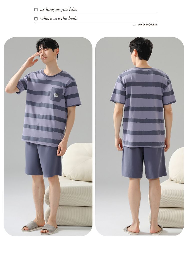 Sommerpyjama Herren Reine Baumwolle Dünn Schlichte Lässige Oberbekleidung Rundhals Pullover Kurzarm Shorts Baumwolle Heimkleidung Set_voghion.com