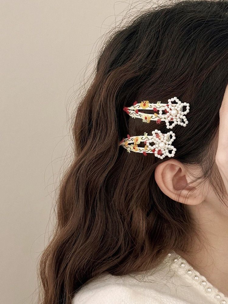 Fermaglio per capelli con perle e piccoli fiori retrò francesi, con frangia laterale e fermaglio per capelli spezzati, dolce e versatile, accessorio per capelli da ragazza._voghion.com