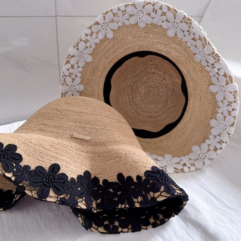 Lace Raffia Women's Summer Hand Knit Wide Brim Foldable Sun Protection Fisherman's Hat_voghion.com