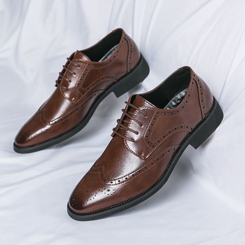 Sharp Pointed Casual British Genuine Leather Busins Formal Wear, Block Carved Men's Sho, Toe Layer Cowhide Derby_voghion.com