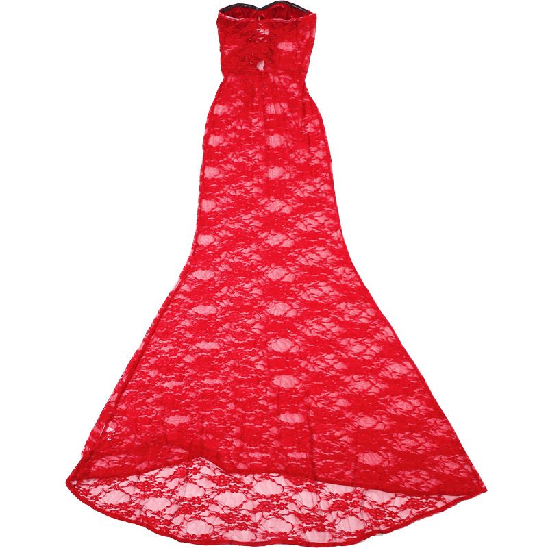 Abito aderente invernale sexy in pizzo senza spalline - Abito lungo senza maniche con fasciatura, rete trasparente e vita alta (rosso, S/M/L)_voghion.com